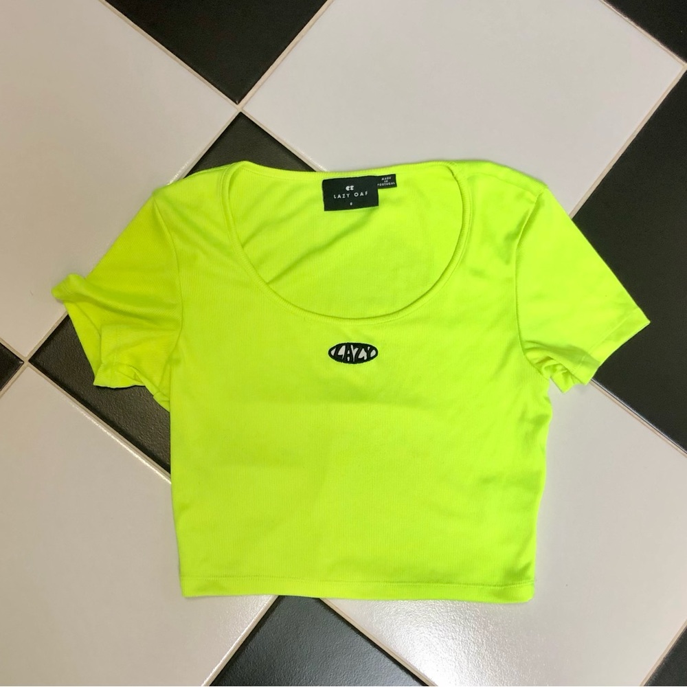 Lazy Oaf Cropped T-Shirt Baby Tee Crop Top Highlighter Neon Yellow Brat Summer 8